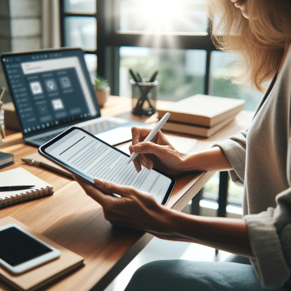 Digital mit Tablet Eine Frau an einem Schreibtisch, mit Tablet und digitalem Stift in der Hand