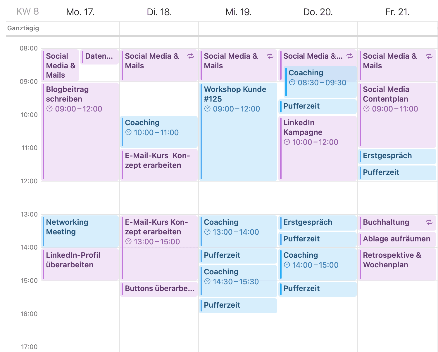 Kalender und Timeboxing Ein mit der Timeboxing Methode gefüllter Kalender