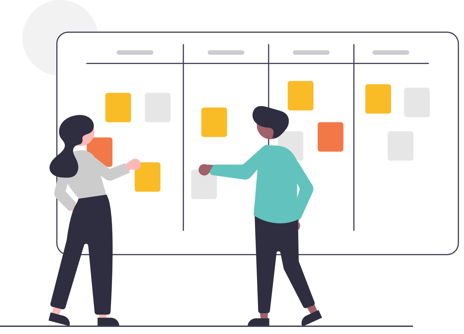 Grafik einer Kanban-Tafel mit Aufgaben in verschiedenen Spalten