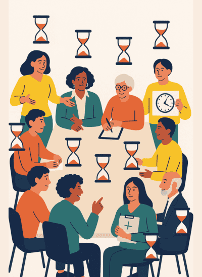 Meeting Sanduhren Eine Grafik mit vielen Personen an einem Tisch in einem Meeting. Über jeder Person schwebt eine Sanduhr