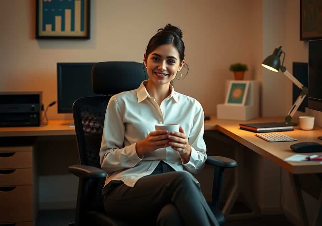 Eine Frau in ihrem Homeoffice sitzend, zufrieden lächelnd mit einer Tasse in der Hand.