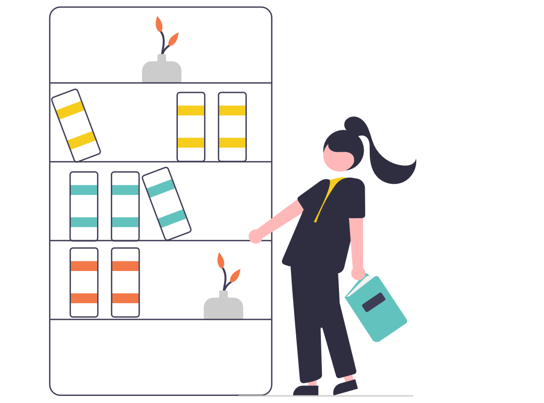 Schritt 2-Systematisieren Grafik einer Frau vor einem Bücherregal, in dem Bücher nach Farben sortiert stehen - Symbol für Schritt Nr. 2: Systematisieren