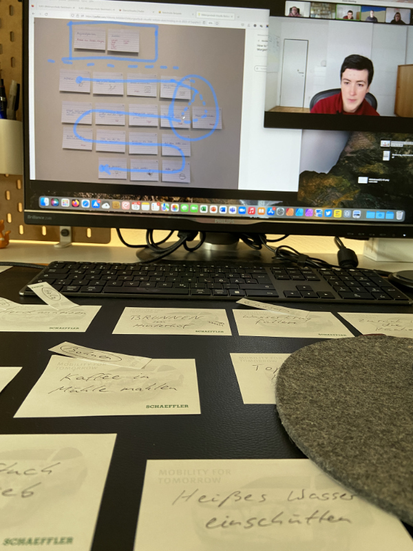 Schreibtisch mit zahlreichen beschrifteten Haftnotizen, im Hintergrund ein Monitor mit laufendem Webmeeting
