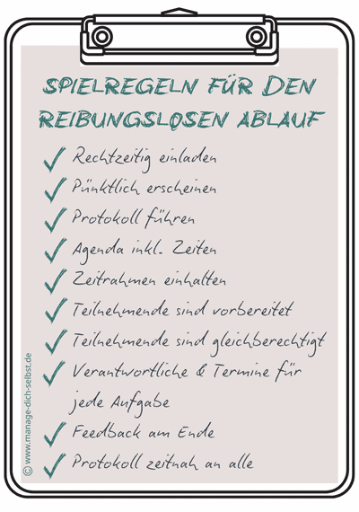 Spielregeln Meeting Klemmbrett Klemmbrett mit den Spielregeln für den reibungslosen Ablauf eines Meetings: Rechtzeitig einladen, pünktlich erscheinen, Protokoll führen, Agenda inkl. Zeiten, zeitrahmen einhalten, Teilnehmende sind vorbereitet, Teilnehmende sind gleichberechtigt, Verantwortliche & Termine für jede Aufgabe, Feedback am Ende, Protokoll zeitnah an alle