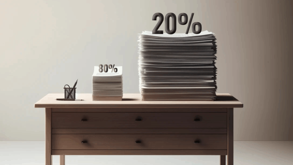 Titelbild: Ein Schreibtisch mit zwei Papierstapeln. Ein kleiner Stapel mit der Überschrift "80 %" und ein riesiger Stapel mit der Überschrift "20 %"