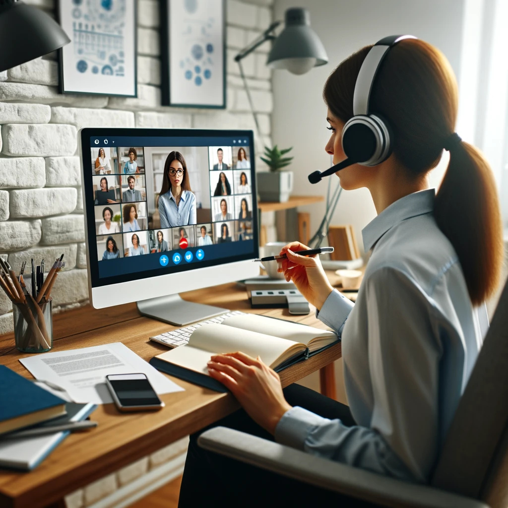 Videochat Frau mit Kopfhörern am Schreibtisch. Auf dem Computerbildschirm eine Videokonferenz.