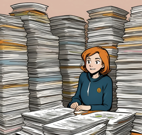 Viel zu lernen Comic, Manga Stil. Eine junge Frau sitzt in mitten von hohen Papierstapeln