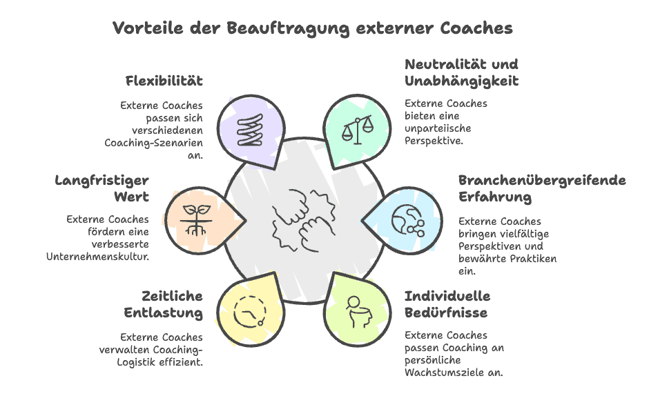 Titel: Vorteile der Beauftragung externer Coaches. Grafik mit 6 beschrifteten Elementen. 1. Flexibilität: externe Coaches passen sich verschiedenen Coaching-Szenarien an. 2. Neutralität und Unabhängigkeit: externe Coaches bieten eine unparteiische Perspektive. 3. Branchenübergreifende Erfahrung: externe Coaches bringen vielfältige Perspektiven und bewährte Praktiken ein. 4. Individuelle Bedürfnisse: externe Coaches passen Coaching an persönliche Wachstumsziele an. 5. Zeitliche Entlastung: externe Coaches verwalten Coaching-Logistik effizient. 6. Langfristiger Wert: externe Coaches fördern eine verbesserte Unternehmenskultur.